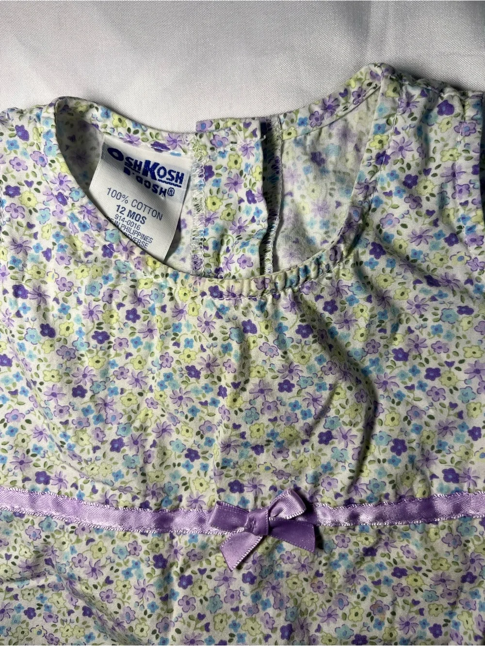 Vtg OshKosh B’gosh Baby Girls Dress 12M Purple Green Floral Bow 100% Cotton